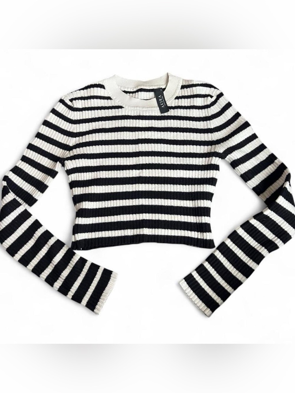 Akira Black and White Striped Ribbed Crewneck Sweater